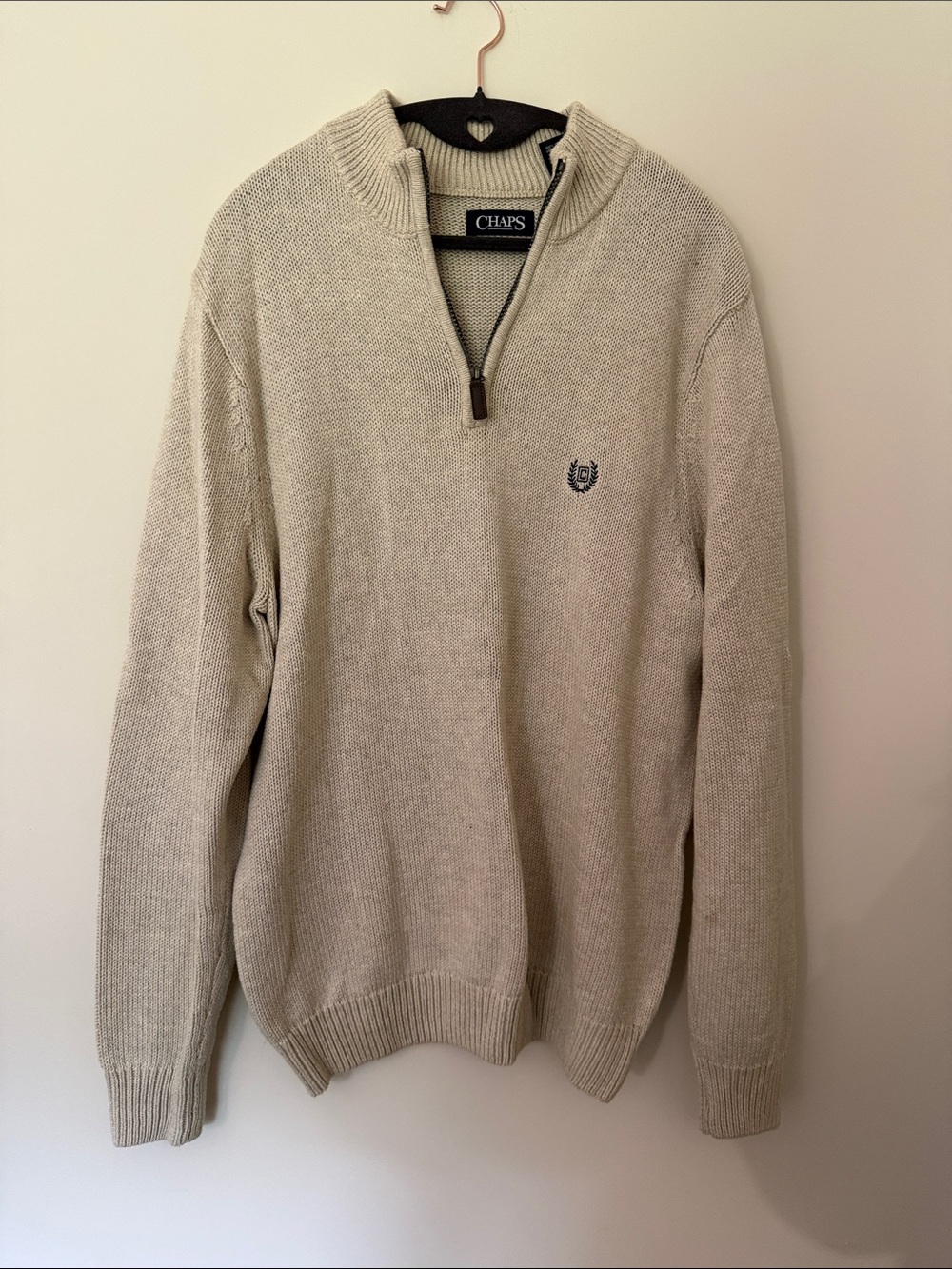 Chaps Men's Cream Zip-Neck Sweater with Crest